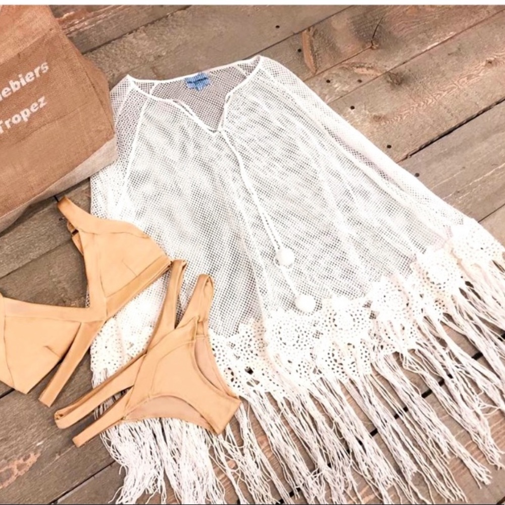 *READ DESC.* NWD LES CANEBIERS boho fringe crochet poncho top S M L